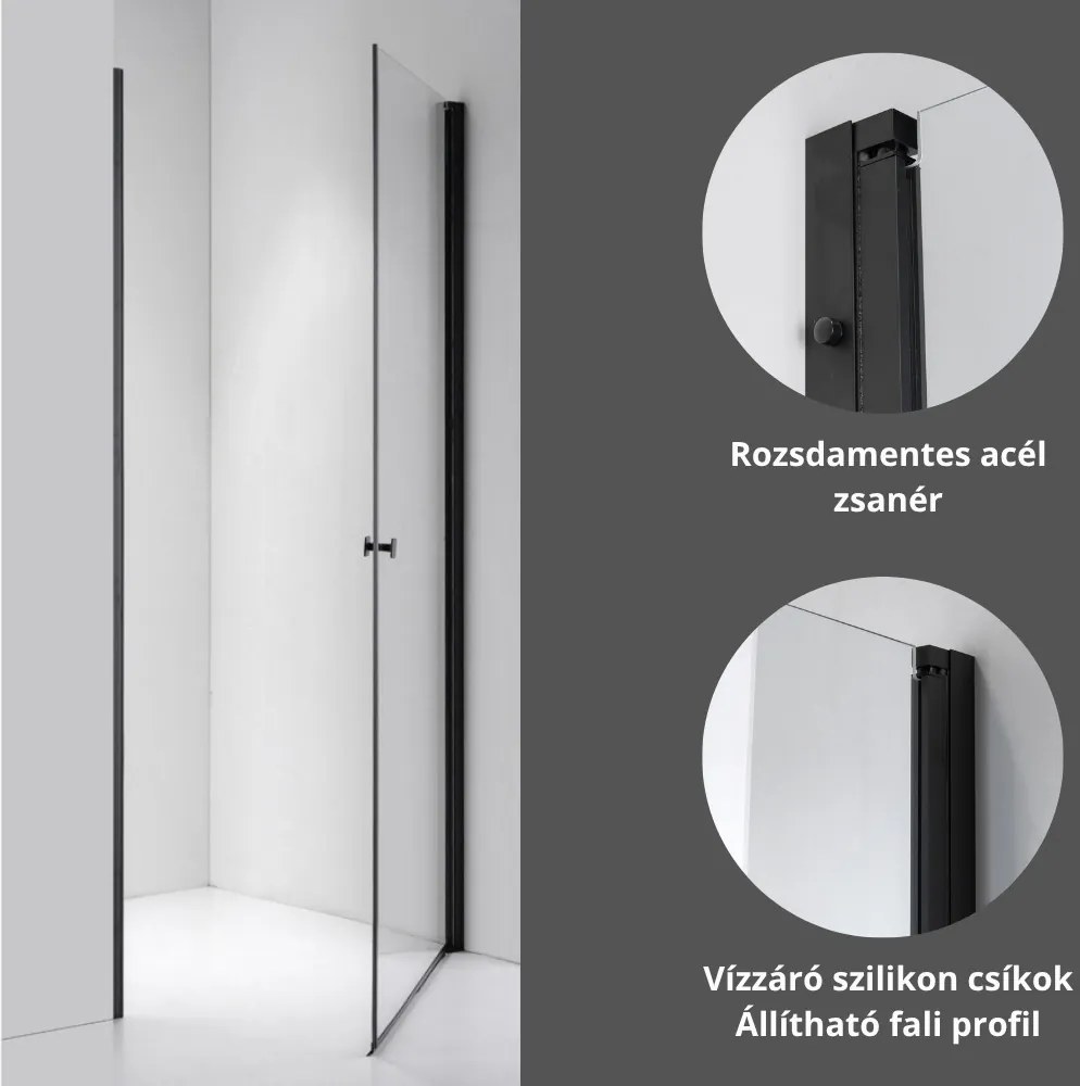 Stuxi Bari Black 100 cm széles egyszárnyú nyíló zuhanyajtó, 6 mm vízlepergető üveggel, matt fekete profillal, 195 cm magas