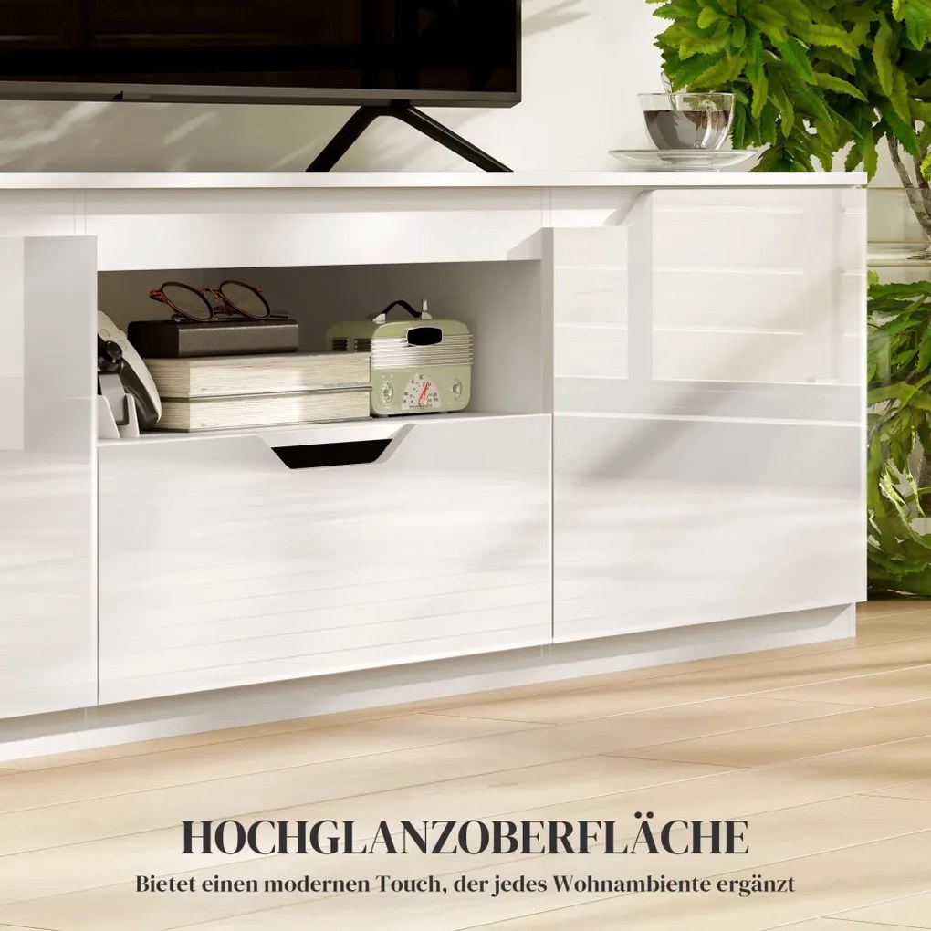 HOMCOM TV-szekrény, magasfényű, akár 65"-os tévékhez, 3 rekesszel, fiókkal, fehér