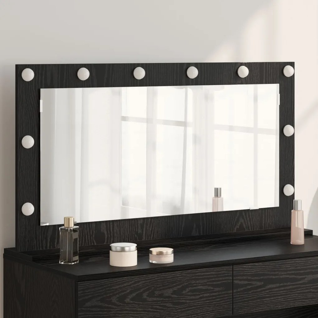 LED világítással ellátott tükör fekete tölgy 100x55x18 cm
