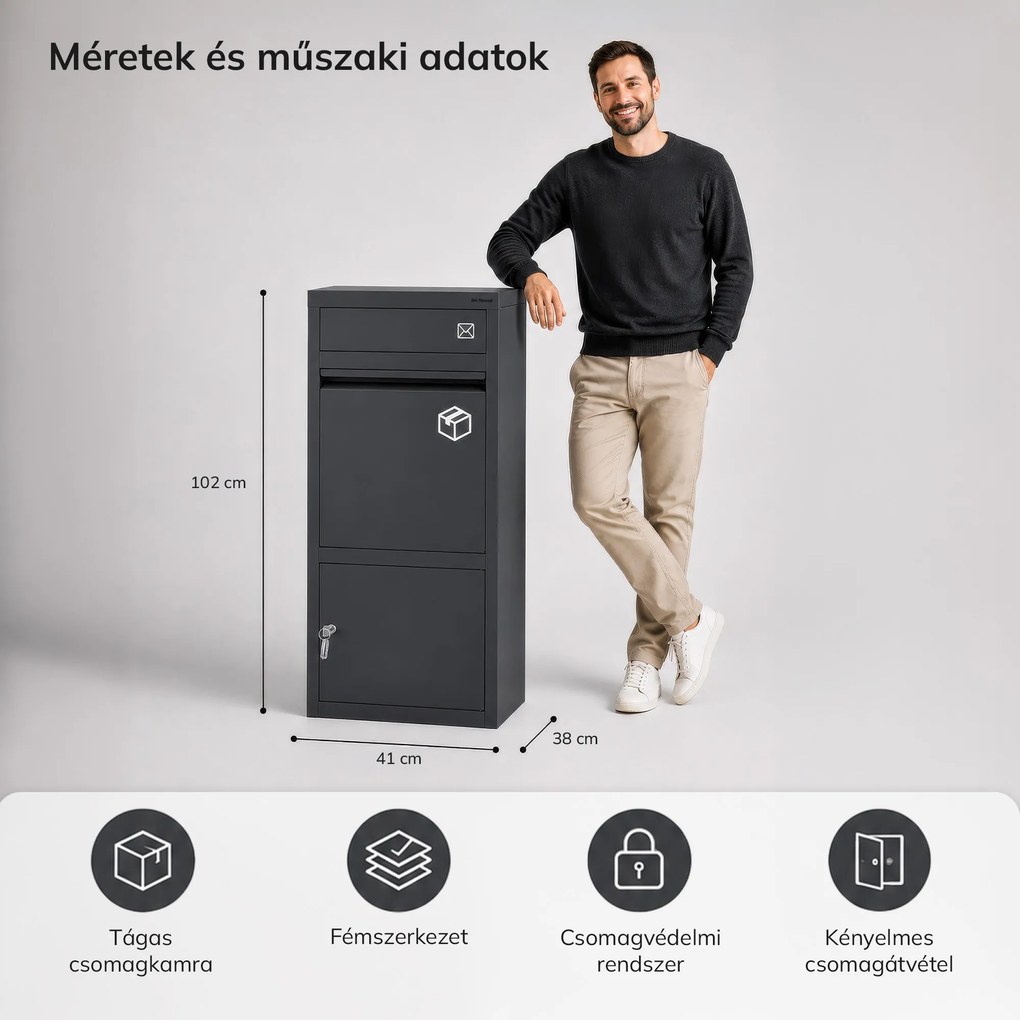 Csomag- és levélláda paczkobox, fém, kültéri, zárható, antracit PAT