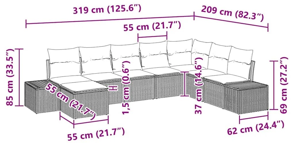 Kerti Kanapé Szett 8 pcs Bézs 319 x 209 x 85 cm Poli rattan