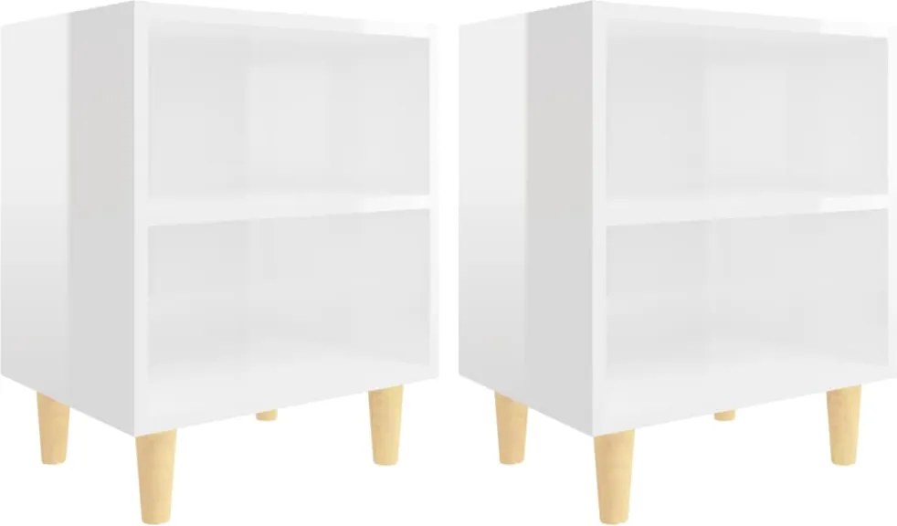 vidaXL 2 db magasfényű fehér éjjeliszekrény fa lábakkal 40x30x50 cm