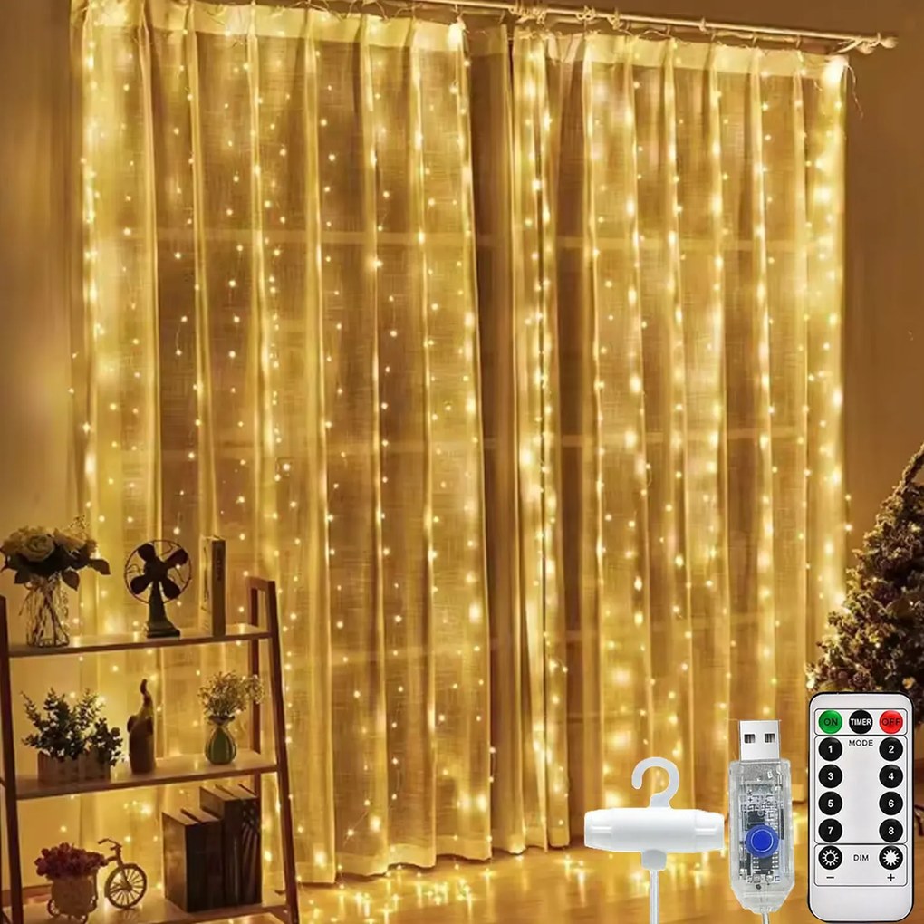 Led Fényfüggöny 3x3 Lámpa 300 Karácsonyi Karácsonyi Füzér Meleg XL