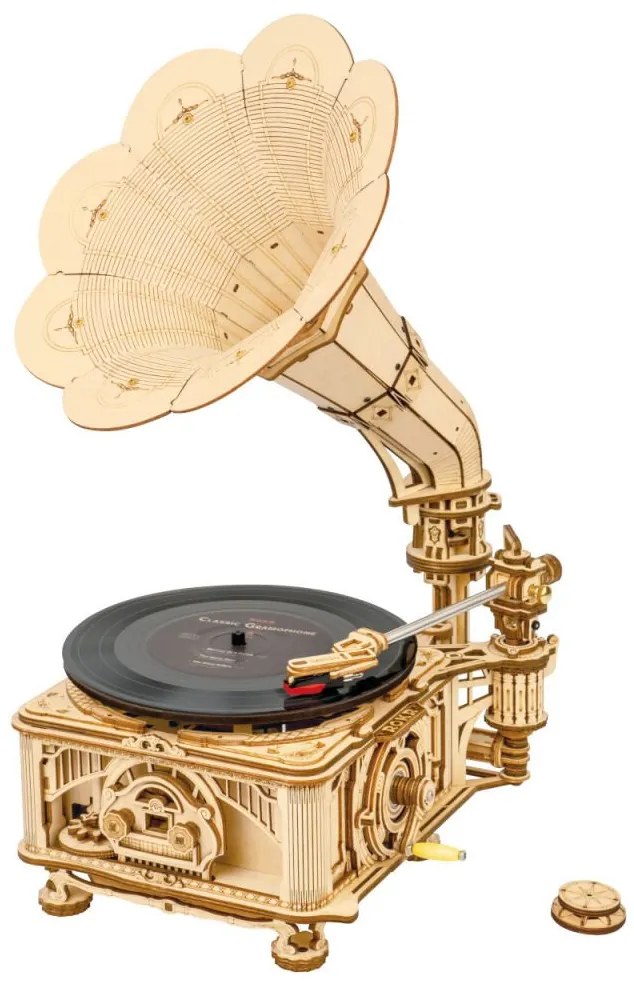 Robotime játék - 3D fa mechanikus kirakós Gramofon (elektromos hajtás)