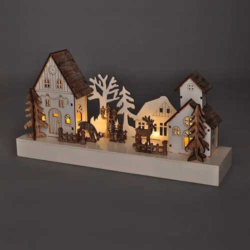 Solight LED karácsonyi falu, 34 x 17 cm, fa, 4 LED, 2x AA