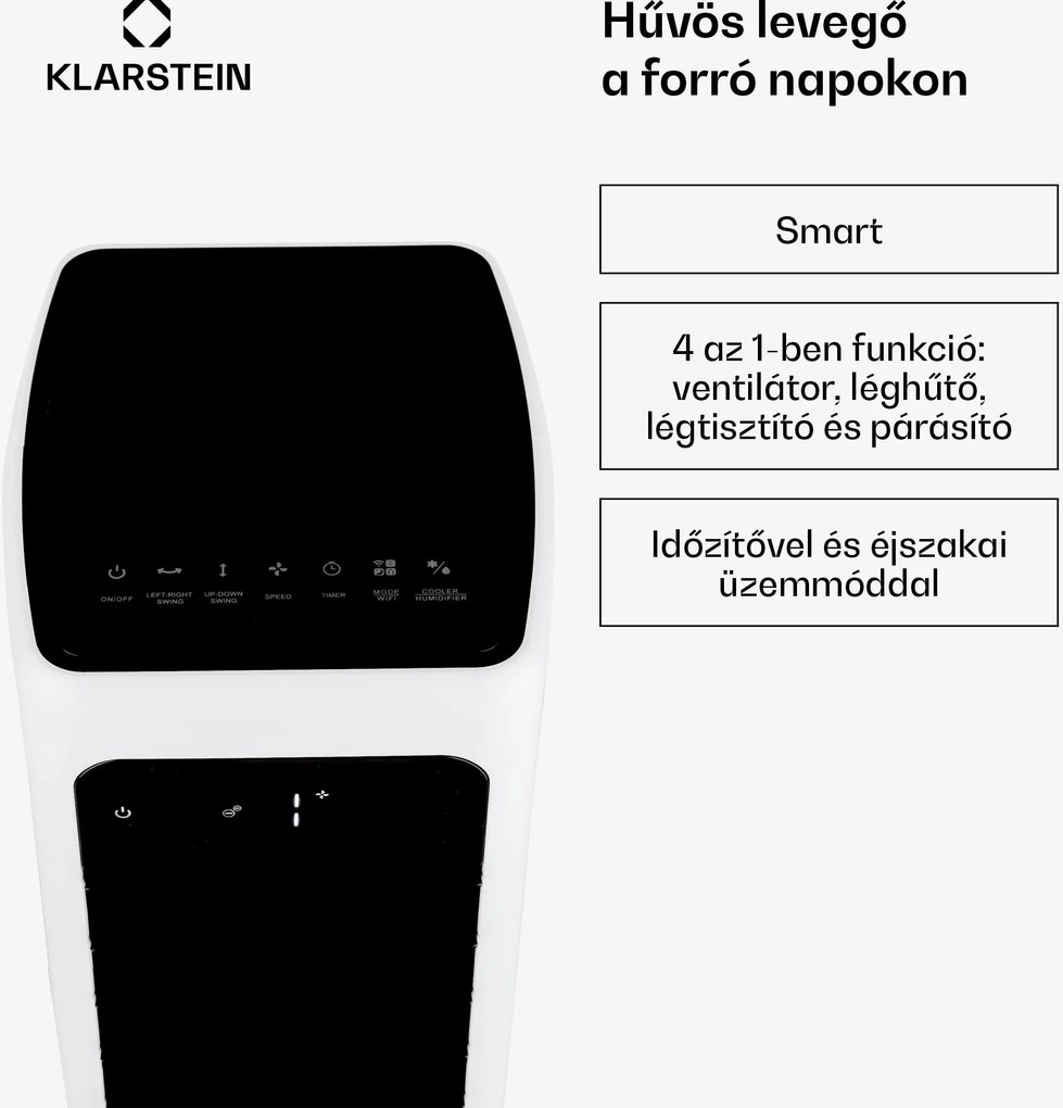 Klarstein Skytower 360° Smart, léghűtő, 60 W, 280 m³/ó, 6 liter, hordozható