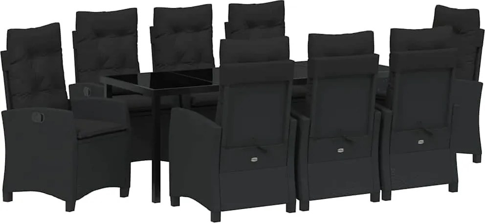 vidaXL Kert étkező szett párnával 9 pcs Fekete polirattan