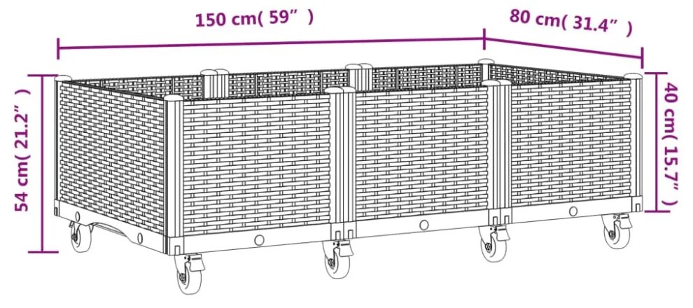 vidaXL kékszürke polipropilén rácsos kerekes ültetőláda 150 x 80 x 54 cm