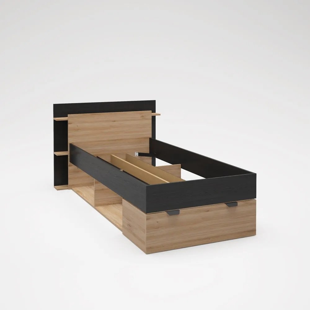 Fekete-natúr színű ágyneműtartós egyszemélyes ágy ágyrács nélkül, tölgyfa dekorral 90x200 cm Albo – Marckeric