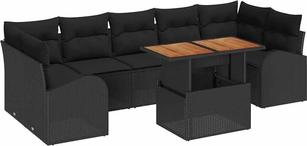 vidaXL Kerti Kanapé Szett tárolóval 8 pcs Fekete Poli rattan