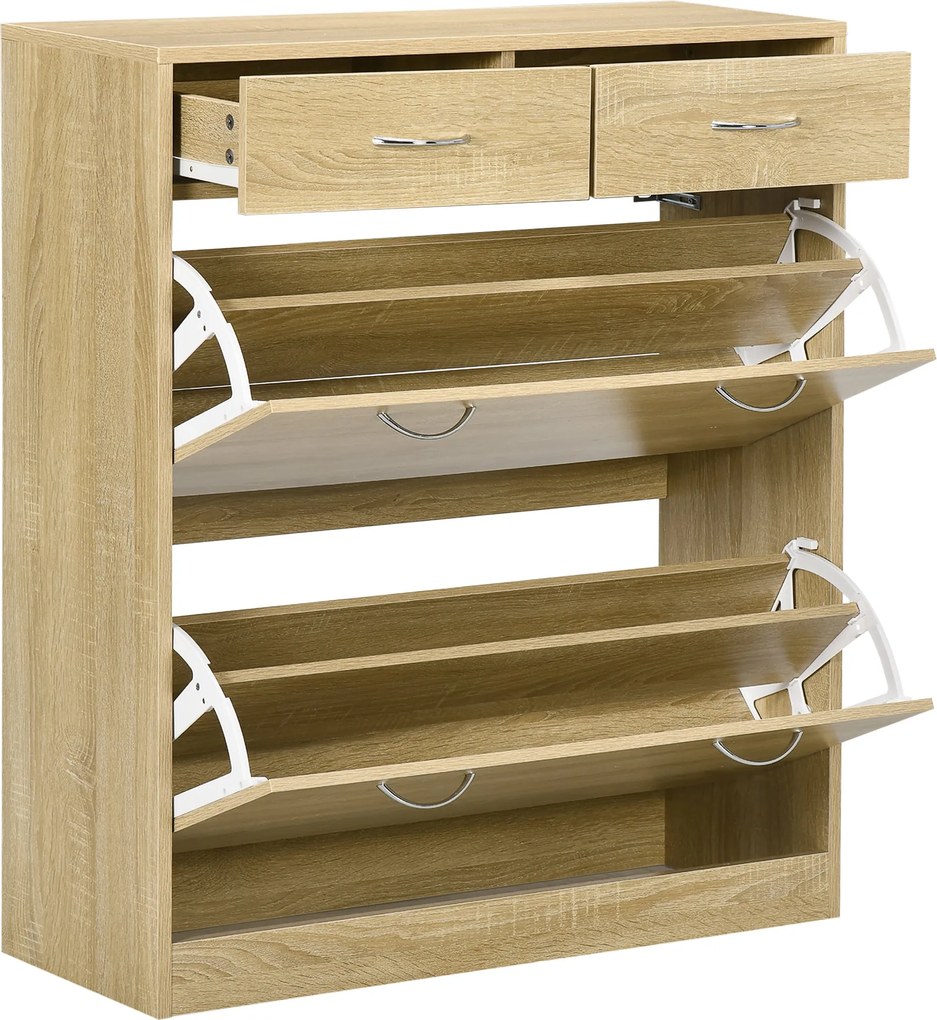 HOMCOM Keskeny Cipőszekrény Cipőtároló Szervező 2 Lehajtható Fiókkal és 2 Kivehető Fiókkal 12 Pár Cipő számára Előszobába 80x30x91,5 cm Tölgy | Aosom