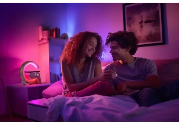 Immax 08986L-LED RGB Dimmelhető lámpa ébresztőórával és Qi töltéssel 30W/230V arany