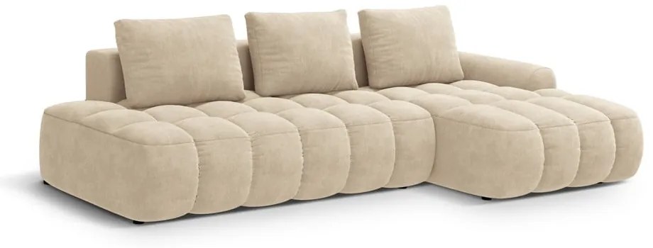 Bézs bársony kinyitható-tárolóhelyes sarokkanapé (jobb oldali-heverő résszel) Linz – Cosmopolitan Design