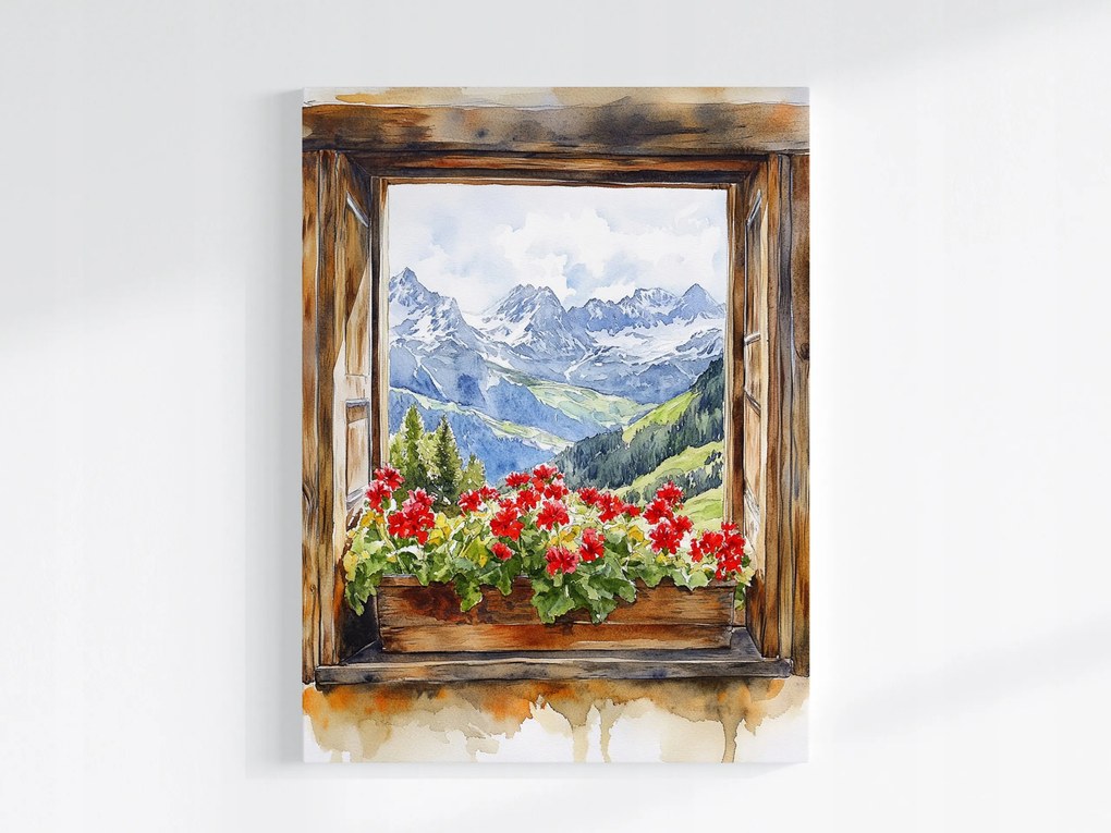 Vászonkép Canvas Ablak Kilátás Hegyek Alpok Hó Virágok Muskátli 75x100