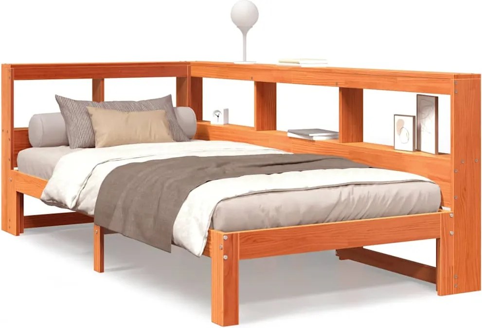 vidaXL barna tömör fenyőfa könyvespolcos ágy matrac nélkül 100 x 200cm