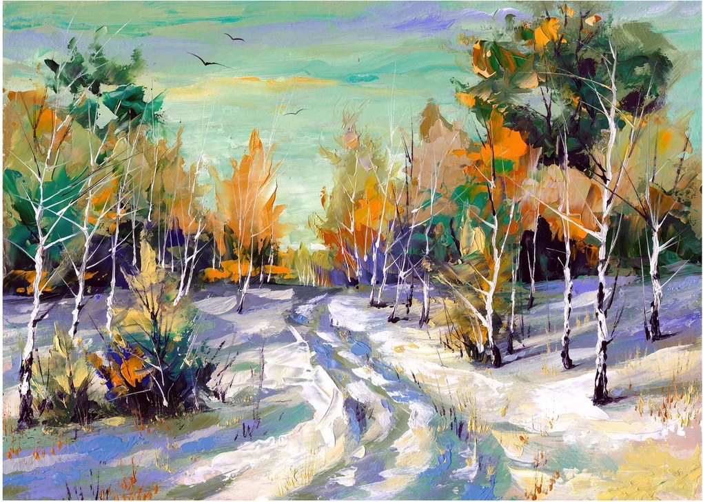 Kép - havas út az erdőben, olajfestmény (üvegen) (70x50 cm)
