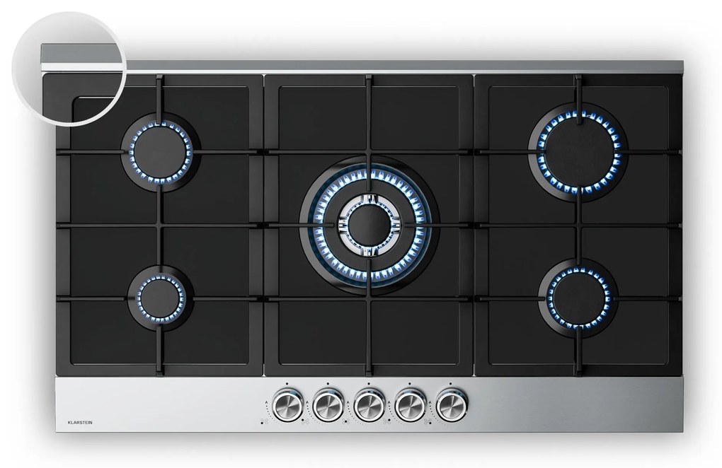 Klarstein Verosteel gázfőzőlap, 5 égőfej, elektromos gyújtás, földgázzal és LPG-vel kompatibilis, 10400W, 90cm