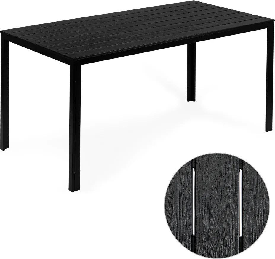 Kerti asztal, MultiGarden SAK-156, fekete, 156 x 78 cm, 6 személyes, magasság: 74 cm, fahatású műanyag asztallap, porszórt acél váz, teherbírás: 150 kg