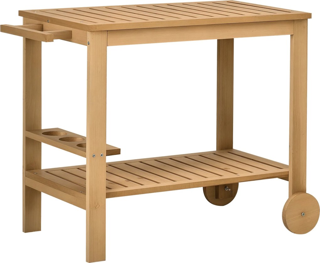 Outsunny 2-Szintes Fa Bárkocsi Szerviz Kocsi Oldalsó Fogantyúval, 3 Borosüveg Tartóval és 2 Kerekével Kert, Terasz számára 95x47x74 cm Természetes | A