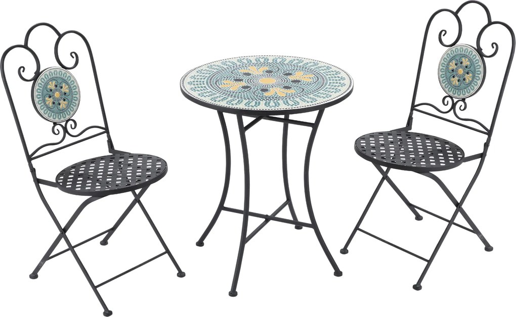 Outsunny 3 részes Kerti Szett Mozaikkal, Kerek Kültéri Asztal 2 Összecsukható Fém Székkel, Zöld | Aosom