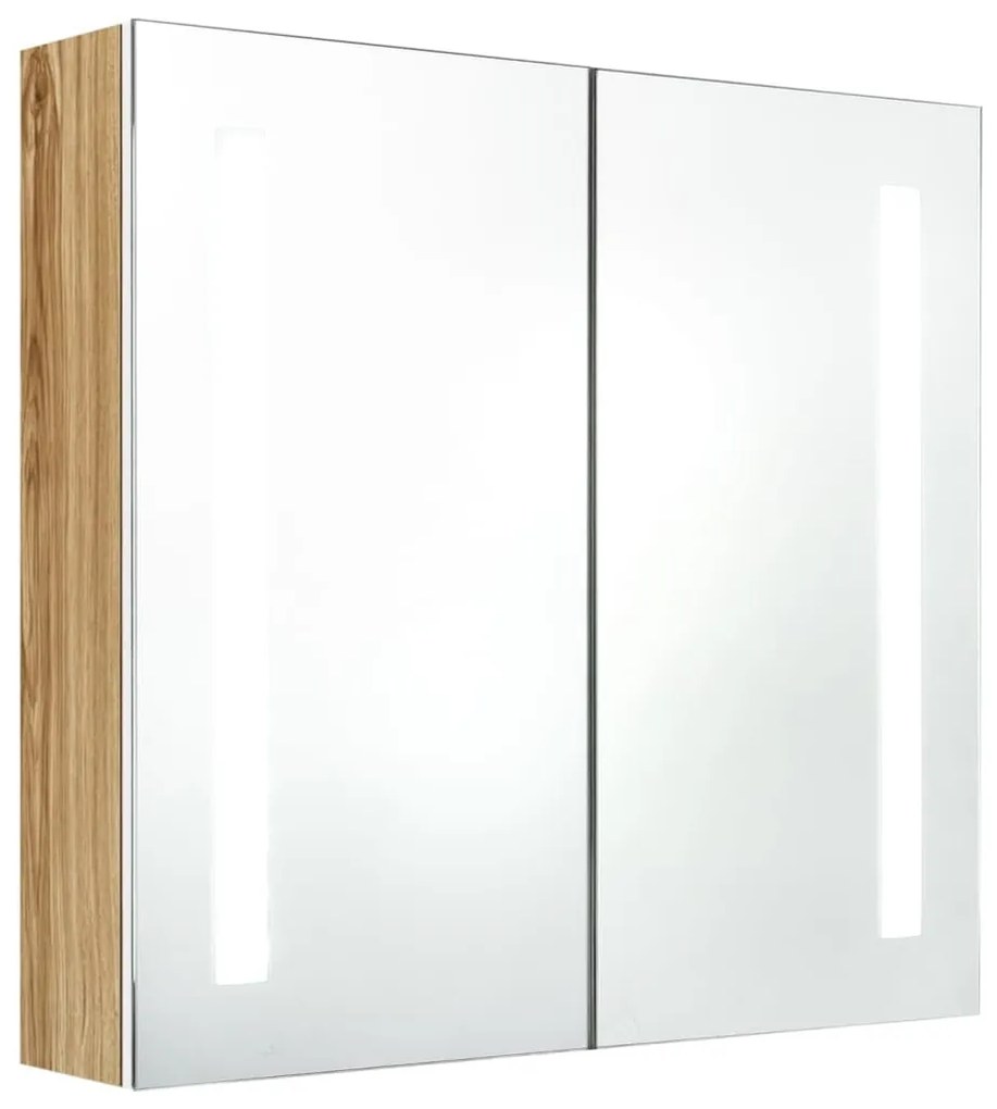 fehér, tölgyszínű LED-es tükrös fürdőszobaszekrény 62x14x60 cm