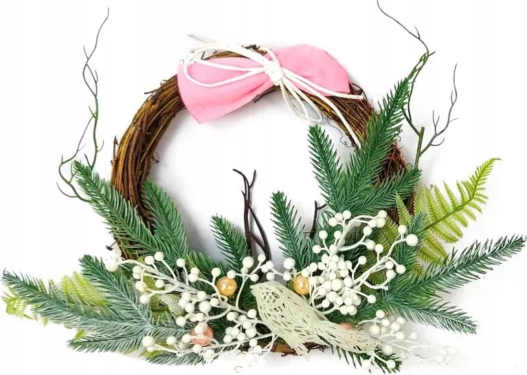 Karácsonyi koszorú madárkával rózsaszín asztal ajtó dekoráció