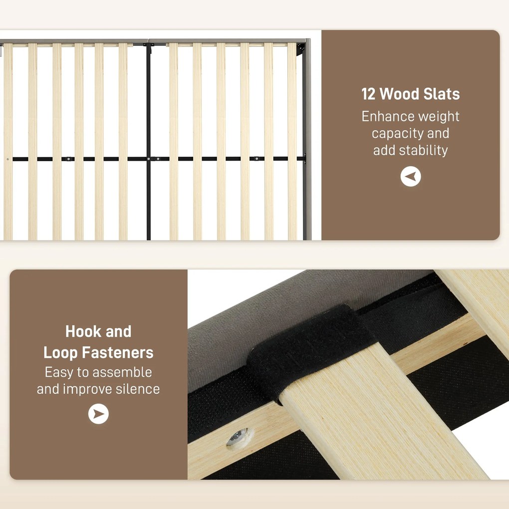 HOMCOM Két Személyes Ágykeret, 140 x 190 cm, Fémkeret, Állítható Fejtámla, Rácsos Alap, Tároló Az Ágy Alatt, Könnyű Összeszerelés, Szürke | Aosom