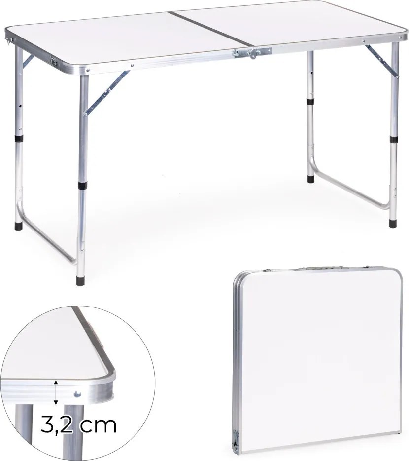 Kerti asztal, MultiGarden GMFC-FY12060, fehér, 120 x 60 cm, összecsukható, állítható magasság (60–70 cm), hordfogantyúval, teherbírás: 50 kg
