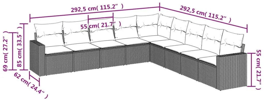 9 részes bézs polyrattan kerti ülőgarnitúra párnákkal