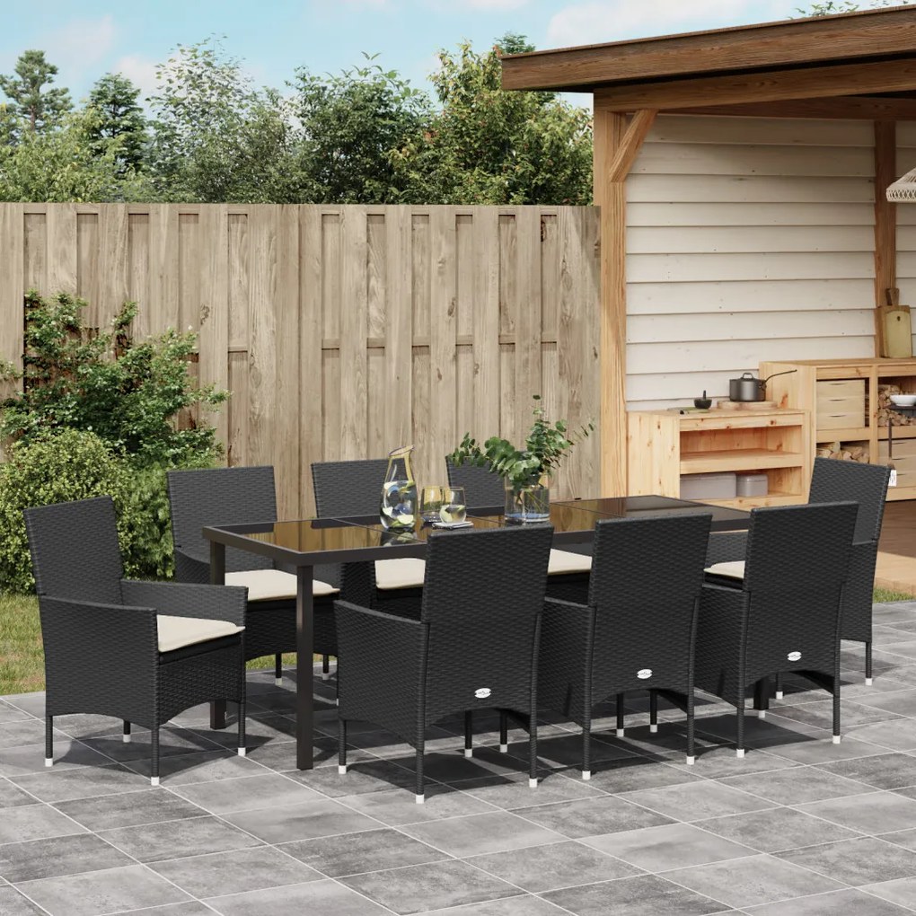 9 részes Kerti Étkezőszett Párnákkal Fekete Poli Rattan, Kerti Asztal Fekete 200x80x73 cm Edzett Üveg