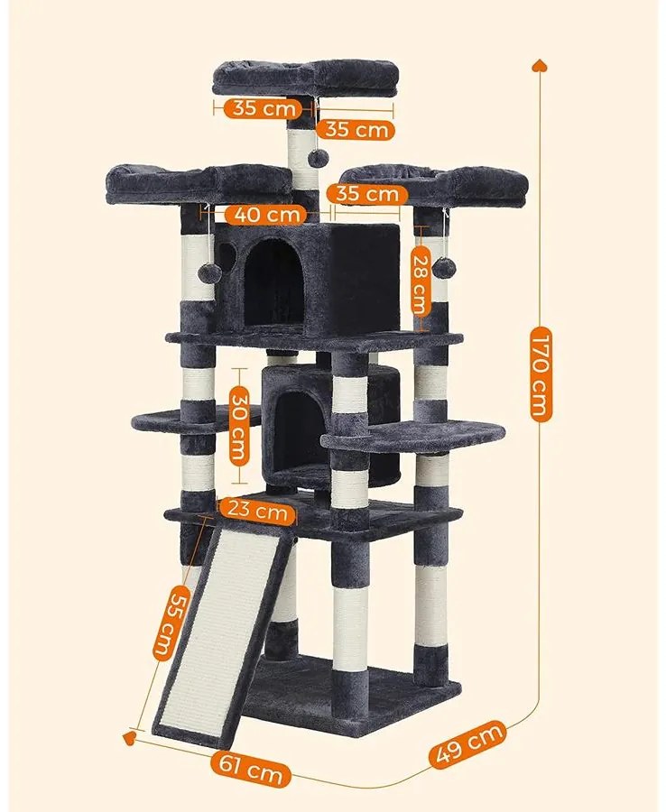 FEANDREA nagy macska kaparófa, XXL macskatorony 3 kényelmes kilátóhellyel, 172 cm magas
