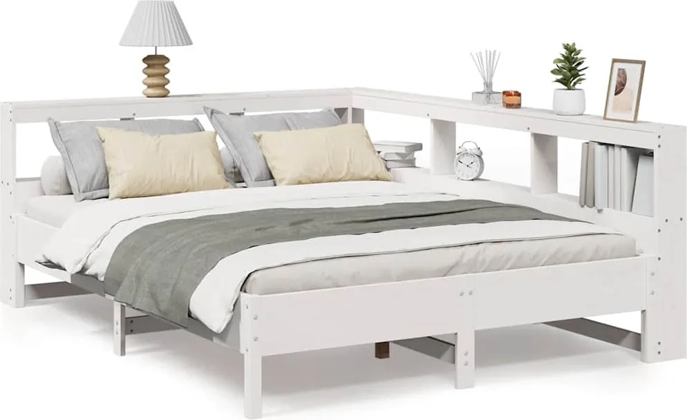 vidaXL fehér tömör fenyőfa könyvespolcos ágy matrac nélkül 135x190 cm