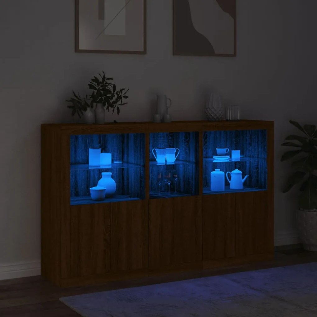 barna tölgy színű tálalószekrény LED-ekkel 162 x 37 x 100 cm