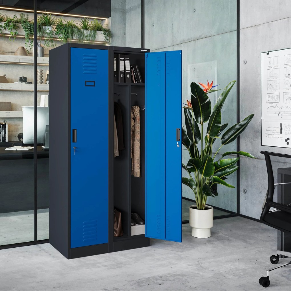 Pléh öltözőszekrény talpazaton, kétmodulos, polccal és köztes fallal KACPER, 800 x 1800 x 500 mm, antracit-kék