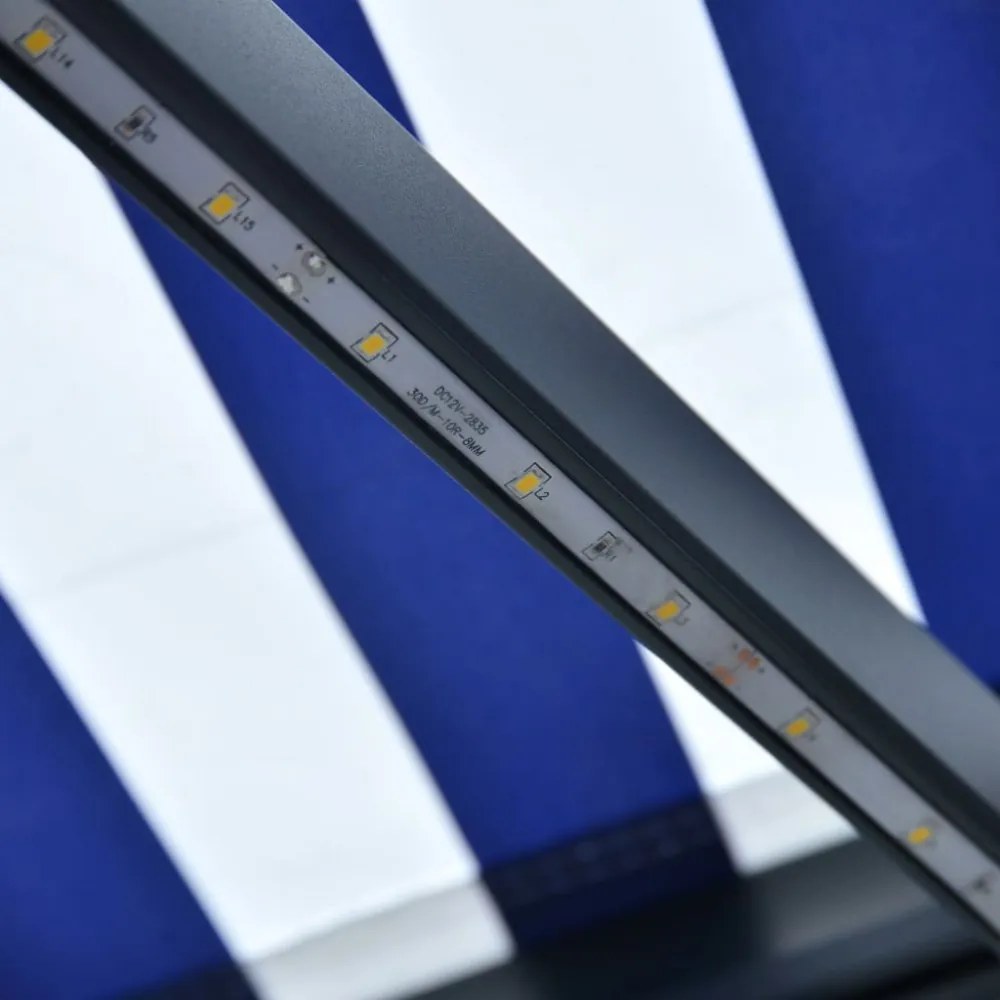 kék és fehér szélérzékelős és LED-es napellenző 500 x 300 cm