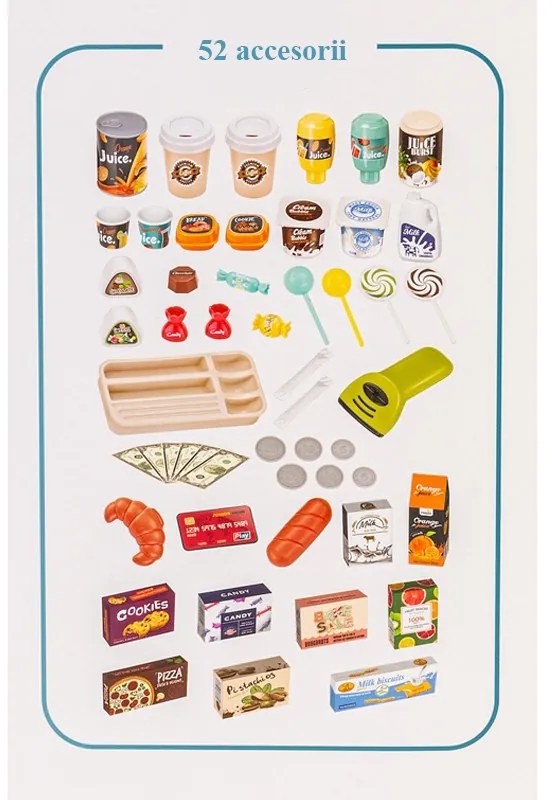 Játék szupermarket gyerekeknek, 52 darab, hangok és fények, pénztárgép, eszpresszógép, többszínű