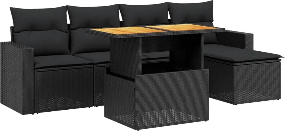 vidaXL 6 részes fekete polyrattan kerti ülőgarnitúra párnákkal