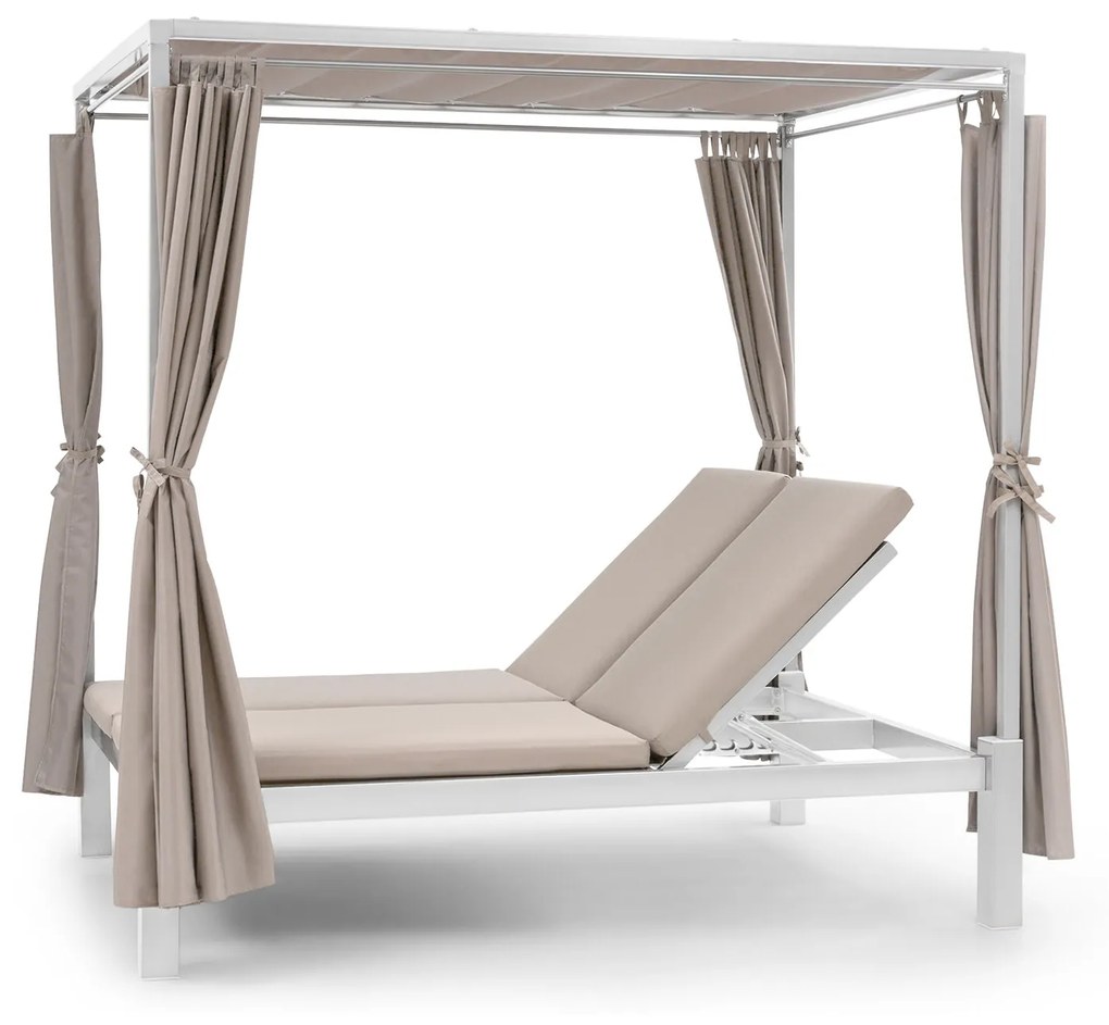 Blumfeldt Eremitage Double Sunbed, kétszemélyes napozóágy, acélkeret függyönyök krémszínű, napellenző tető, krém