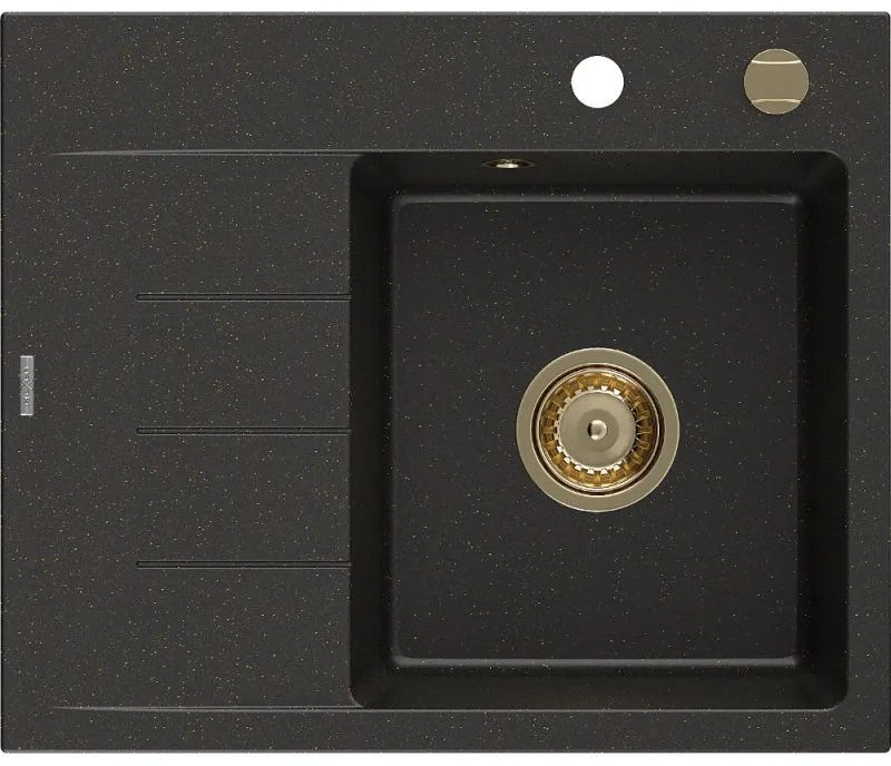 Mexen Ben gránit egykamrás mosogató csepegtetővel, jobb oldali 600 x 500 mm, fekete/arany metál, arany szifon