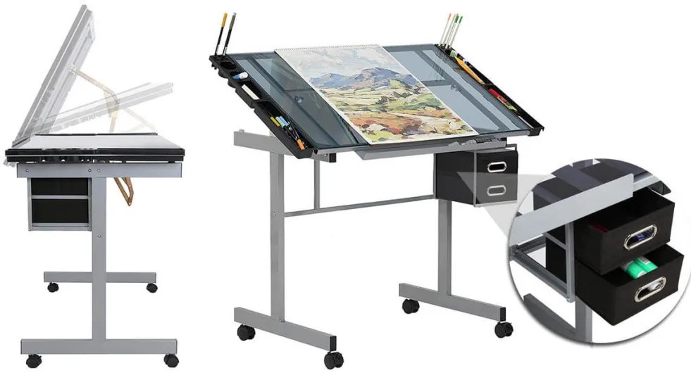 Tervező asztal dönthető,üveg asztallappal