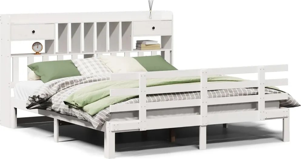 vidaXL fehér tömör fenyőfa könyvespolcos ágy matrac nélkül 180x200 cm