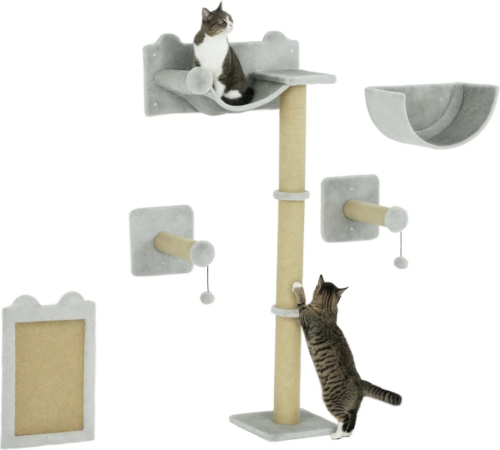 PawHut Macska Mászófal 5 darabos Szett Kaparóoszlopokkal, Hintaágytálcával, Ugráló Fennsíkon, Fali Kaparóoszloppal, Mászó Macskabútor 5 kg-ig, Világos