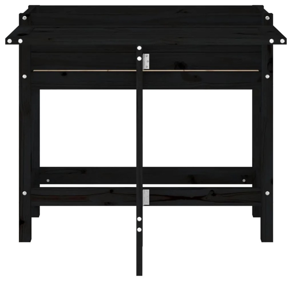 fekete tömör fa kerti ültetőláda összecsukható asztallappal