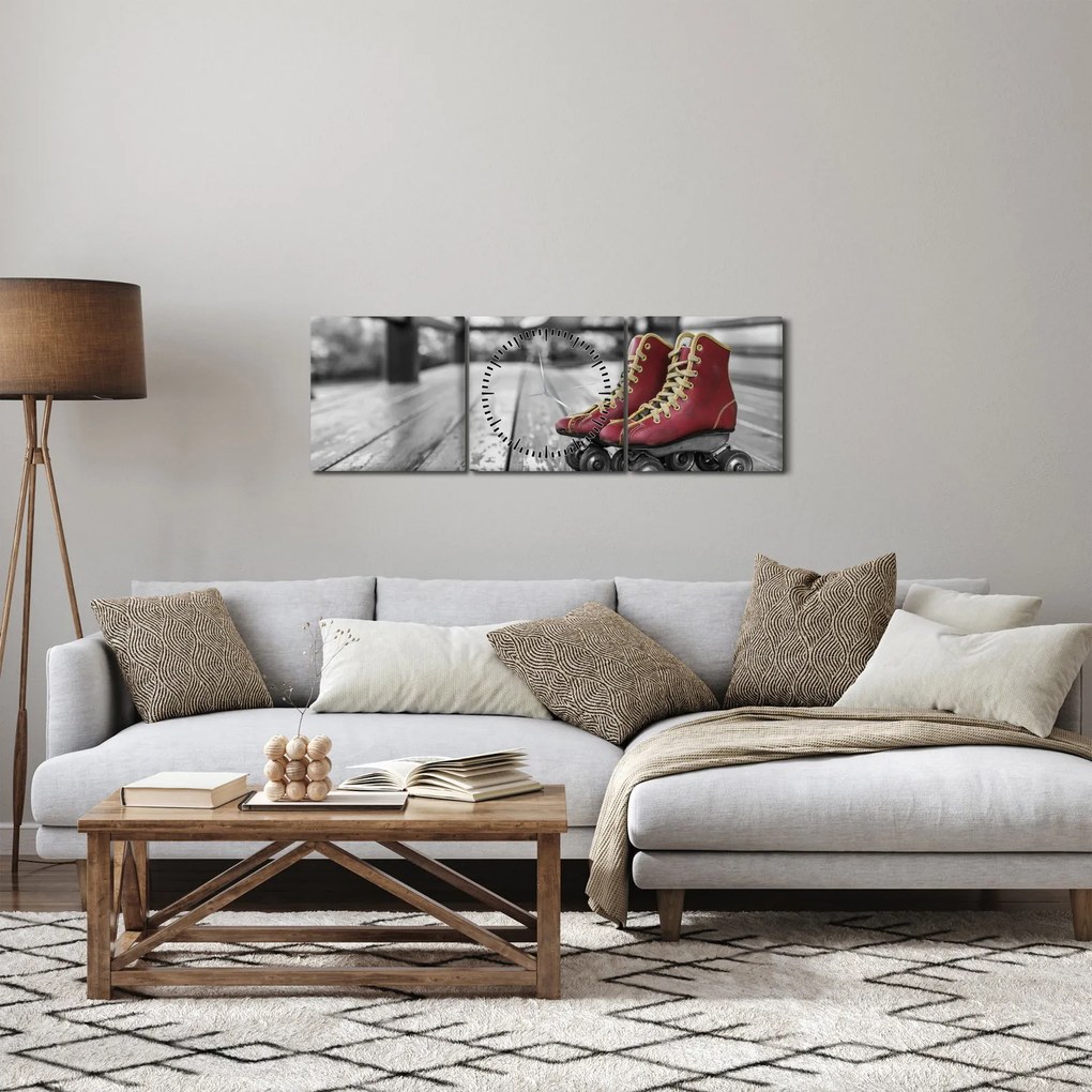 Egy piros régi görgős cipő képe (órával) (90x30 cm)
