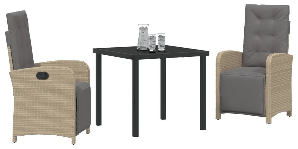 3 Darabos Kerti Étkezőszett Párnákkal Bézs Polyrattan, Kerti Asztal Fekete 80x80x73 cm Edzett Üveg