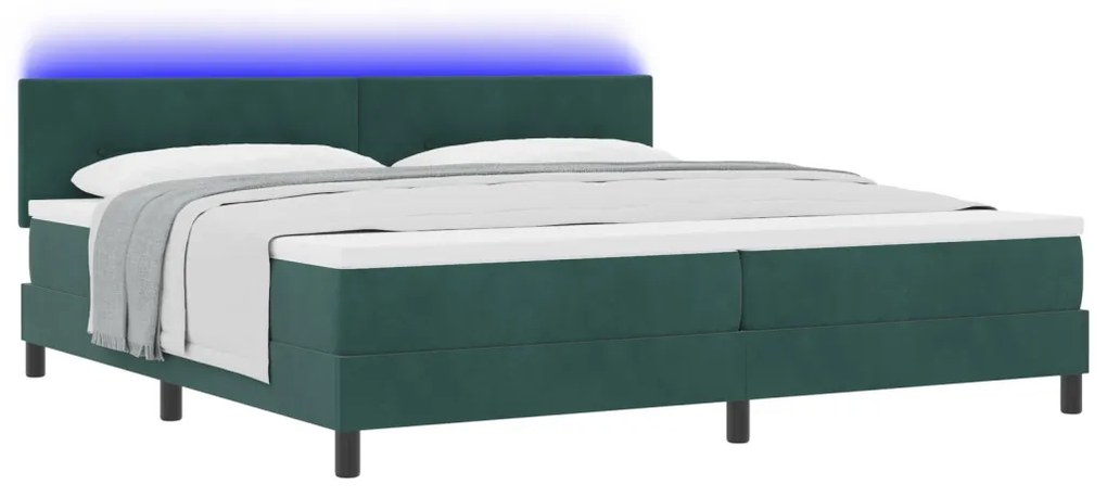 Boxspring Ágy Matrac & LED Sötét Zöld 200x200 cm Bársonyos