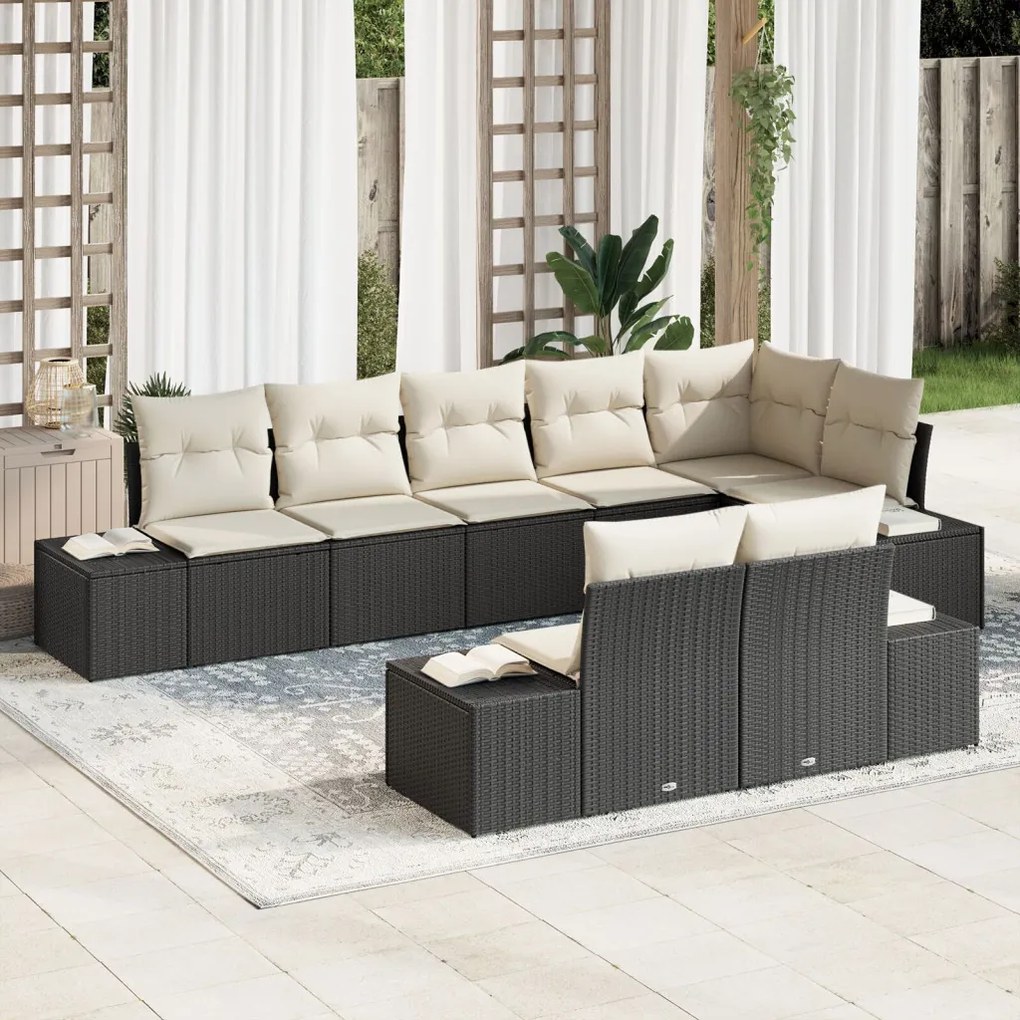 Kerti Kanapé Szett 8 pcs Fekete és krémszínű Poli rattan