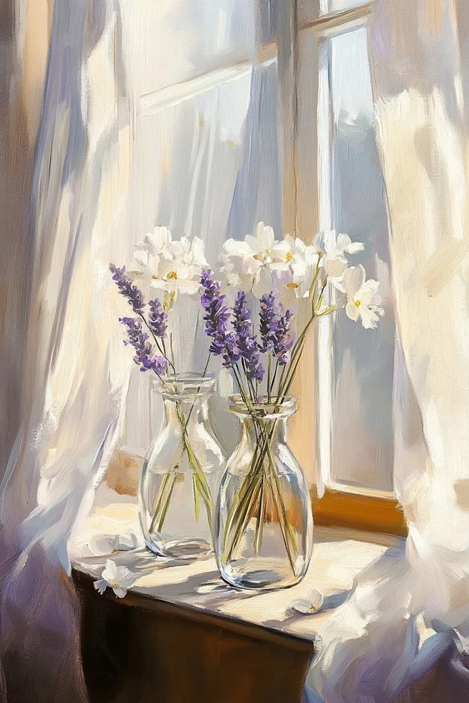 Vászonkép Canvas Dekoráció Ablak Függöny Váza Virágok Levendula 40x60