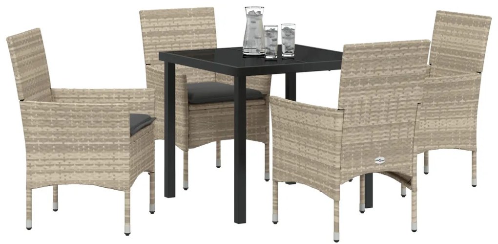 5 Darabos Kerti Étkezőszett Párnákkal Világosszürke Poli Rattan, Kerti Asztal Fekete 80x80x73 cm Edzett Üveg