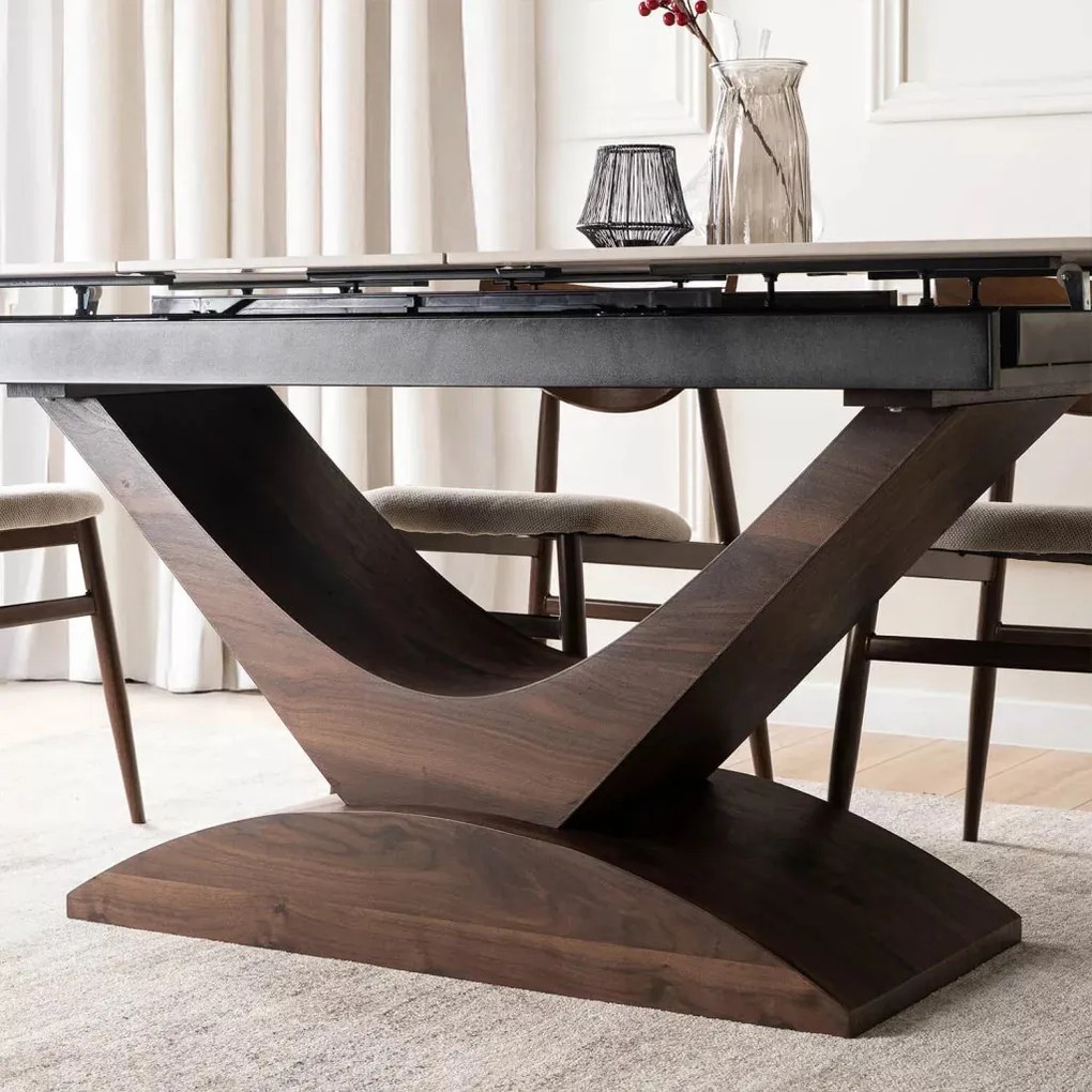 Bővíthető márványhatású kerámia étkezőasztal fehér/dió színben, ALICANTE 160–200 cm